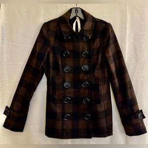 Bailey 44 brown & black checkered button pea coat jacket, size 8. Slightly worn.